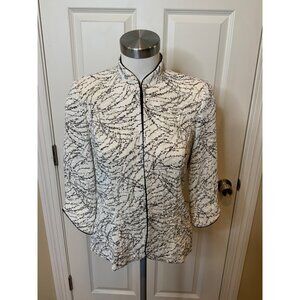 Alex Evenings White Jacket W/ Black, White & Silver Floral Leaf Pattern, Size SP